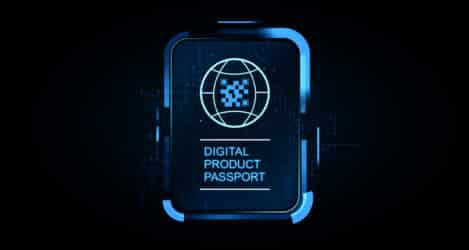 Digital product passport interface with QR code globe icon, futuristic glowing cyber style, on dark tech background. Concept of smart traceability, 3D Rendering