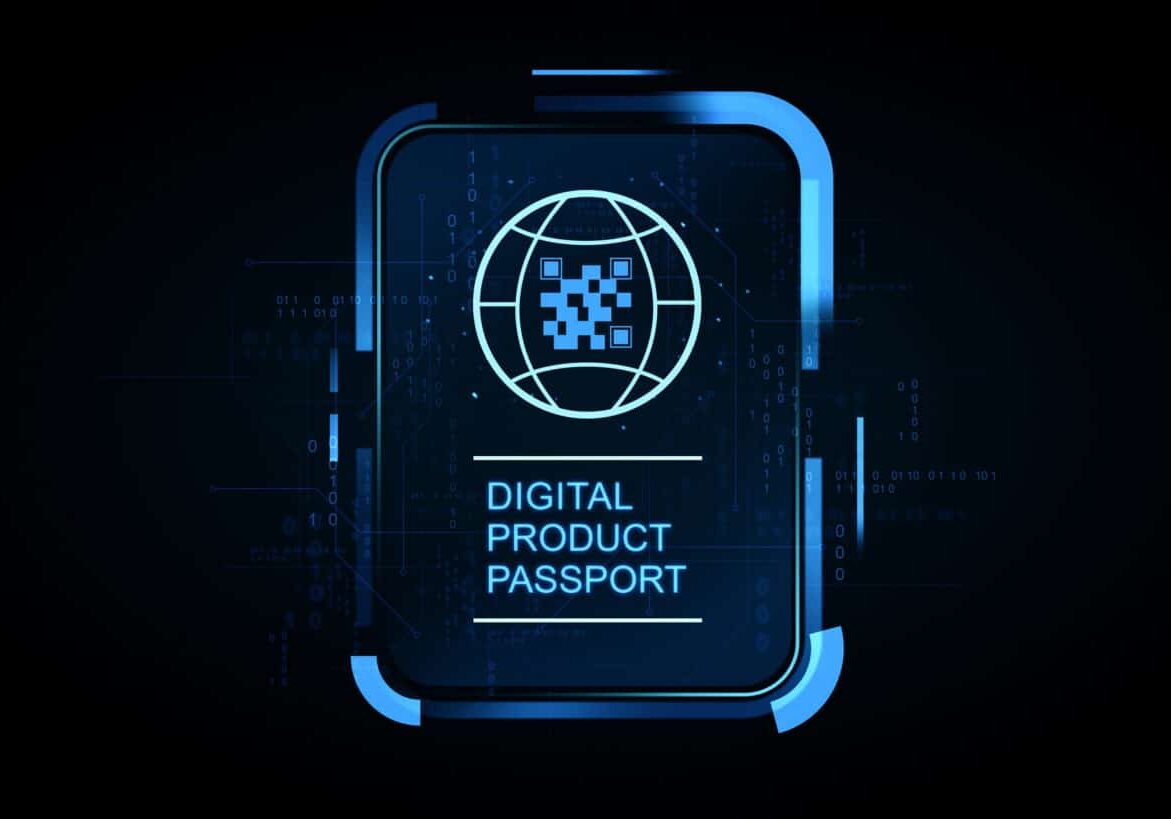 Digital product passport interface with QR code globe icon, futuristic glowing cyber style, on dark tech background. Concept of smart traceability, 3D Rendering
