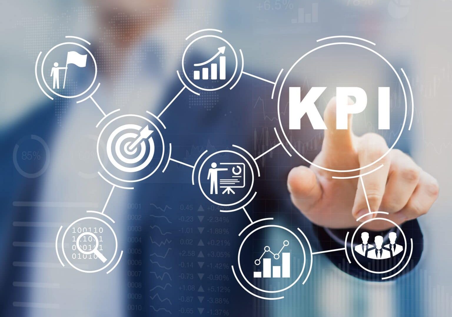 Key Performance Indicator (KPI) using Business Intelligence (BI) metrics to measure achievement versus planned target, person touching screen icon, success