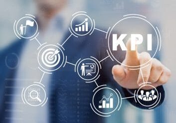 Key Performance Indicator (KPI) using Business Intelligence (BI) metrics to measure achievement versus planned target, person touching screen icon, success